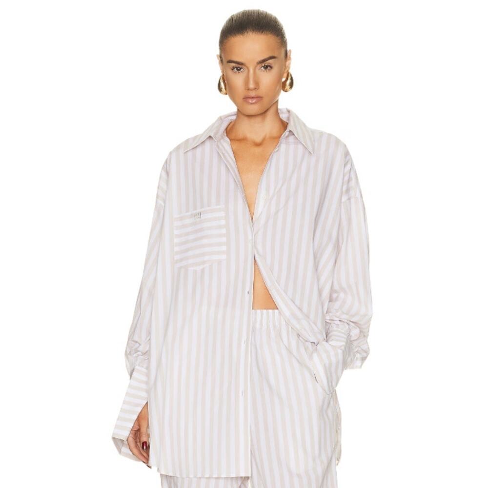 Helsa Cotton Poplin Striped Oversized Button Front Shirt Top Beige Stripe OS - Picture 6 of 13